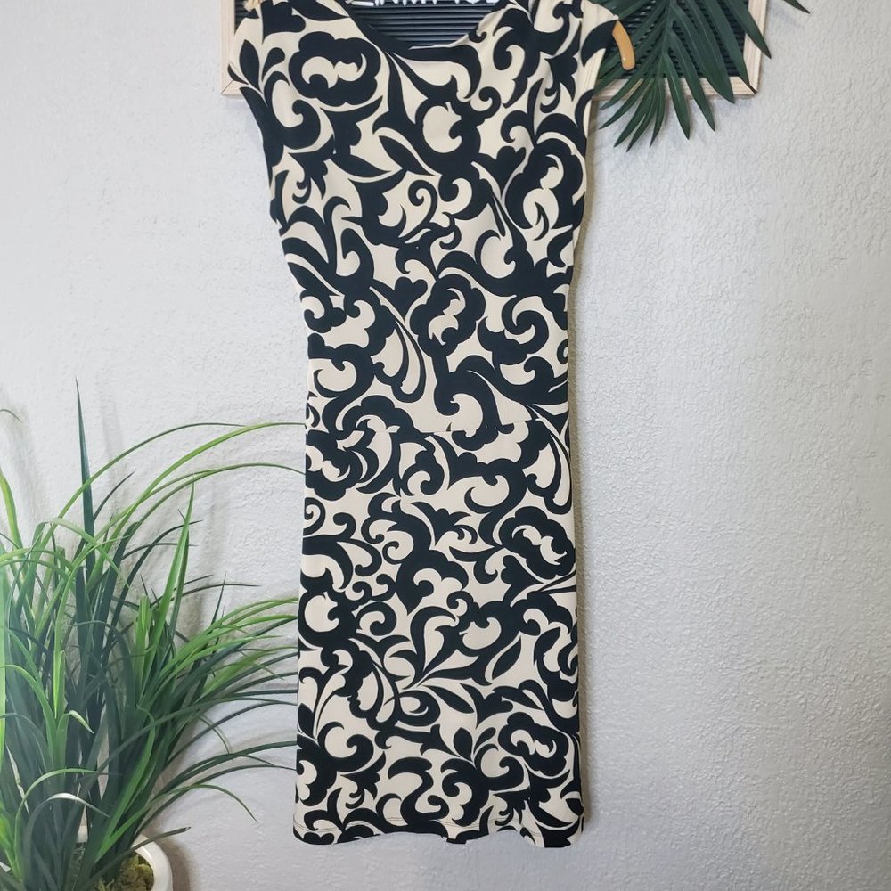 Enfocus Studio I Cream/Black Vine Patterned A-Line Scoop Neck Ruched Dre… - Picture 2 of 14